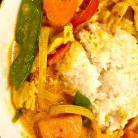 Masaman Curry Vegan (Sweetest) · Gluten-free. Sweet potato, carrot, onion, red bell pepper, snow peas, baby corn topped with ...