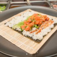 Salmon Burrito · Raw fish. Salmon, sesame seeds, scallions, cucumbers, pineapple, edamame, and sweet wasabi s...