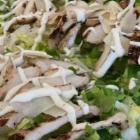 Caesar Salad With Chicken Pizza · Grilled Chicken with a mix of Romaine Lettuce, Shredded Parmigiana, Croutons - . With Caesar...