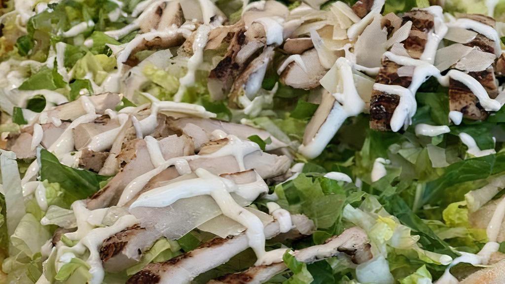 Caesar Salad With Chicken Pizza · Grilled Chicken with a mix of Romaine Lettuce, Shredded Parmigiana, Croutons - . With Caesar Dressing