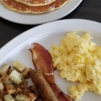 Lumberjack Breakfast · 2 eggs served with a choice of 2 Pieces of bacon, sausage, Turkey sausage or Turkey bacon al...