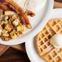 Belgian Waffle Combo · Add two eggs your way, your choice of bacon, pork sausage, turkey sausage or fire smoked ham...