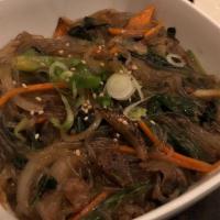 Jap Chae · Pan-fried glass noodles with vegetables, beef and mushrooms. Portion for 2.