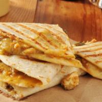 Grilled Chicken Quesadilla · Juicy grilled chicken, jack and cheddar cheese, pico de gallo, salsa, and sour cream on flou...