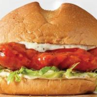Buffalo Chicken Burger · CRISPY CHICKEN BURGER WITH LETTUCE, TOMATO, BLUE CHEESE & BUFFALO SAUCE