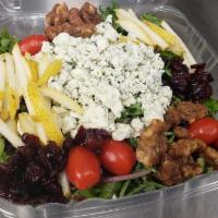 Pear Salad · MIXED GREENS, TOMATOES, BLEU CHEESE CRUMBLES, CANDIED WALNUTS, CRANBERRIES, BARTLETT PEARS, ...