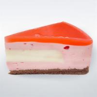 Strawberry Mousse Cake · Sweet strawberry and fresh cream mousse on a base of soft chocolate chiffon cake.