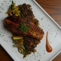 Salmon Shore House · Baked salmon served with organic red quinoa and sautéed vegetables.