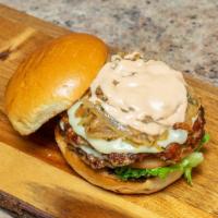 Bigturk · 2 freshly hand pressed turkey burgers, smashed and seared on the grill, served on a toasted ...