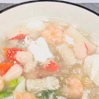 Seafood Soup (Large)海鲜汤 · Crab meat fresh shrimp mix vegetable and come with a side of fried noodles