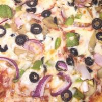 Vegetable Pizza · Onion, green pepper, olive, and mushroom.