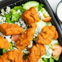 Buffalo Chicken Salad · romaine lettuce, tomato, cucumber, celery, & crumbled blue cheese topped with crispy fried b...