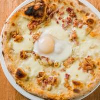 Carbonara · Fresh mozzarella, white pizza w/ bacon & eggs