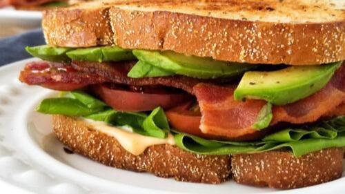 Blta Sandwich · Smoked slab bacon, lettuce, tomato, avocado, pickles, chipotle aioli. On choice of 7 grain, baguette, brioche bun, tortilla wrap or gluten free.