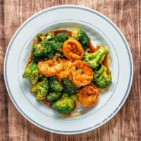 Jumbo Shrimp With Broccoli · Served with rice.