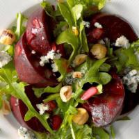 Sweetheart Beet Salad · Organic red beets, Baby arugula, pistachios, feta cheese, red wine pomegranate reduction