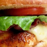 Grilled Chicken Sandwich · Organic chicken breast, smoked slab bacon, lettuce, tomato onions chipotle aioli.