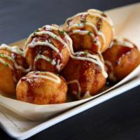 Panko Takoyaki · 4 pieces of Battered Octopus Balls with Panko Crust, Kewpie Mayo, Okonomiyaki Sauce, Smoked ...