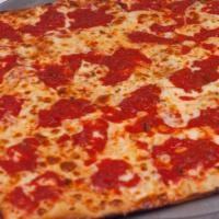 Grandma Pie · Sixteen inches square, twelve slices thin crust pan pizza with mozzarella cheese and spotted...