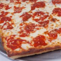 Sicilian Pie · Sixteen inches square, twelve slices, thick crust pan pizza with mozzarella cheese and tomat...
