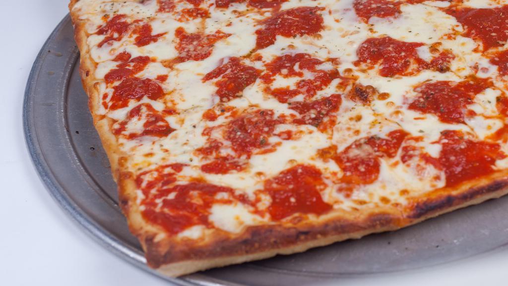 Sicilian Pie · Sixteen inches square, twelve slices, thick crust pan pizza with mozzarella cheese and tomato sauce.