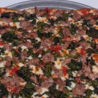 Grandma Broccoli Rabe & Sausage Pie · Sixteen inches square, twelve slices, topped with fresh sausage and broccoli rabe.