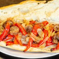 Sausage Peppers & Onions · On a foot-long Brooklyn Italian bread. Add Roasted Fresh Peppers for an additional charge.