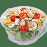 Mediterranean Grilled Chicken · Contains: Romaine, Feta, Grape Tomatoes, Cucumbers, Ciabatta Croutons, No Dressing, Grilled ...