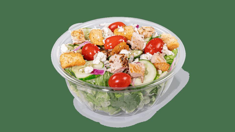 Mediterranean Grilled Chicken · Contains: Romaine, Feta, Grape Tomatoes, Cucumbers, Red Onions, Ciabatta Croutons, No Dressing, Grilled Chicken