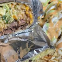 Westside Burrito · 1 large tortilla with cheese, Rice beans protein cilantro, chipotle mayo avocado sauce and s...