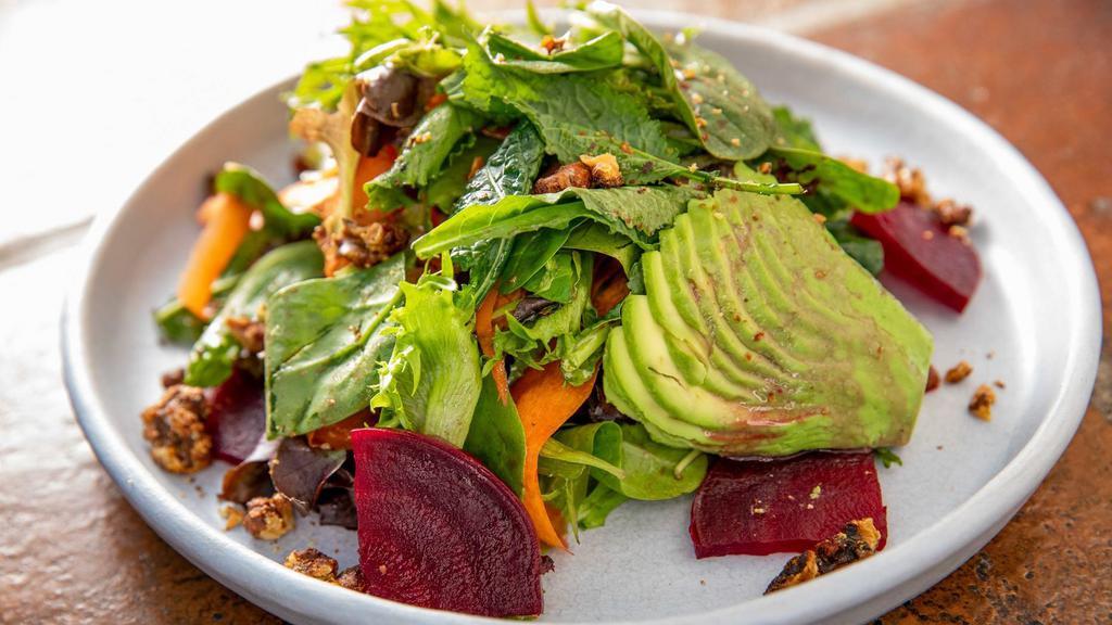Ensalada Zona Rosa · Gluten-free. Mixed greens, roasted beets, green beans, avocado, carrot, hibiscus vinaigrette with grilled fish of the day.