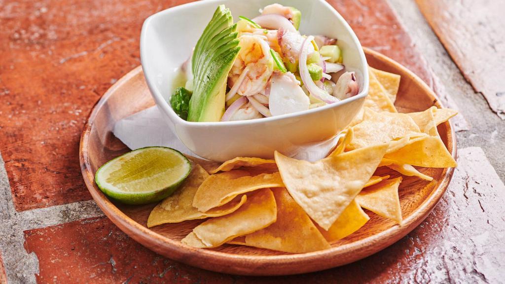 Ceviche Aguachile · Shrimp and tender octopus in a cucumber/jalapeño citrus infusion, w/ red onions & avocado.  All mixed.  No substitutions. Sorry.