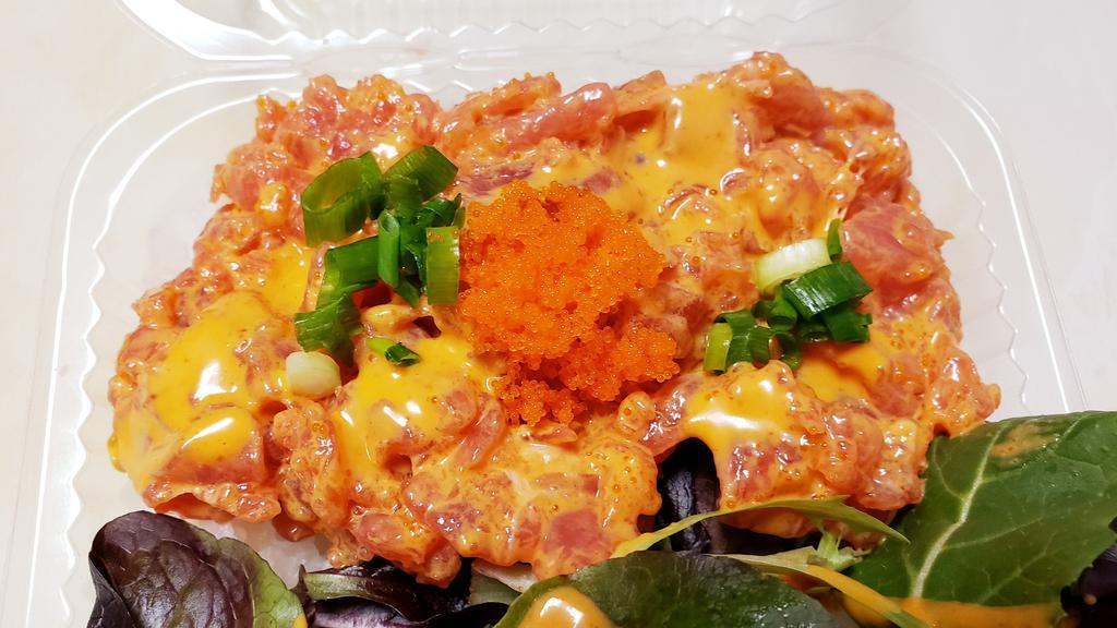 Spicy Ahi(Poke Bowl) · Ahi, Green Onion, Spring Salad, House Spicy Sauce. Spicy Mayo contains peanut sauce