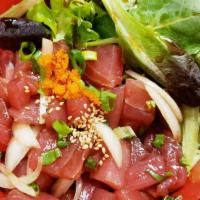 Shoyu Wasabi Ahi(Poke Bowl) · Ahi, Onion, Green Onion, Sesame Seed, Wasabi, Spring Salad
