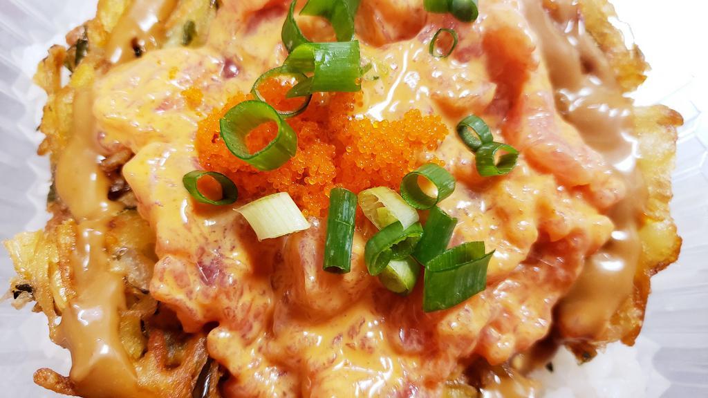Crunchy Spicy Ahi(Bowl) · Spicy Ahi, Vegetable Tempura Kakiage, Masago, Green Onion, Peanut Sauce, House Spicy Sauce. Spicy Mayo contains peanut sauce