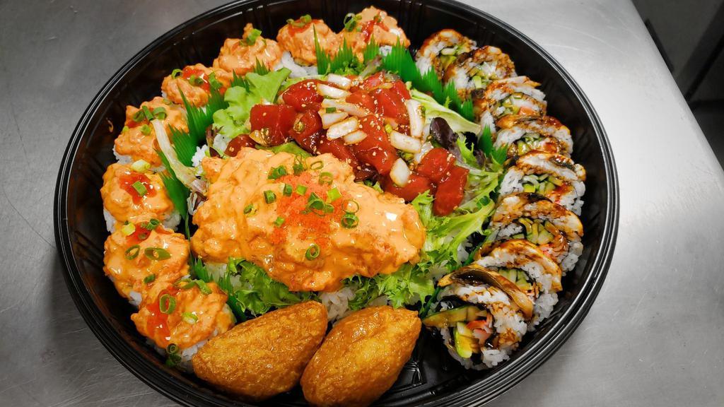 Sushiya Special Platter · Maki - Dynamite, Dragon Poke - Shoyu Ahi Poke, Spicy Ahi Poke, Sushi Rice, Spring Salad Nigiri - Inari. Spicy Mayo contains peanut sauce