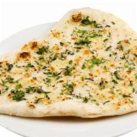 Garlic Butter Naan · Naan topped with minced garlic, cilantro and butter.