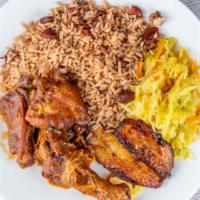 Stew Chicken · Tender pieces of chicken fried and stewed in a savory sauce. served with two sides.
