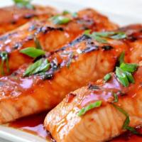 Sweet Chilli Glazed  Salmon Meal · sliced salomon season and  baked  then glazed with our sweet chilli sauce . served with two ...