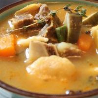 Goat Soup (Friday'S Only) · Warm delicious soup made of various parts of goat meat ,coco, yam, green bananas, carrots, d...