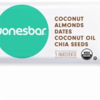 Jones Coconut Bar · Five ingredients: organic dates, almonds, coconut, extra virgin coconut oil, and chia seeds.