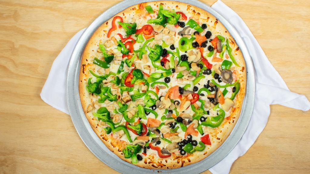 Chicken Broccoli Lover Pizza · Green pepper, red pepper, onion, chicken and fresh broccoli.