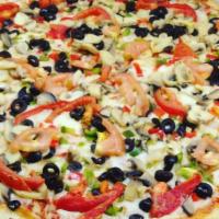 Vegetable Lover Pizza · Onion, green pepper, red pepper tomato, mushroom and black olives.