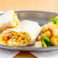 Breakfast Burrito · Eggs, sausage, potatoes, American cheese.