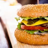 Buffalo Cheeseburger · Delicious Cheeseburger served on a potato bun with buffalo sauce, lettuce, tomato, pickles, ...