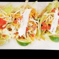 Shrimp California Style Tacos Order Of ( 3 ) · Cali shrimp tacos, topped with lettuce, tomatoes, sour cream, mix cheese, and more.. Mmmm......