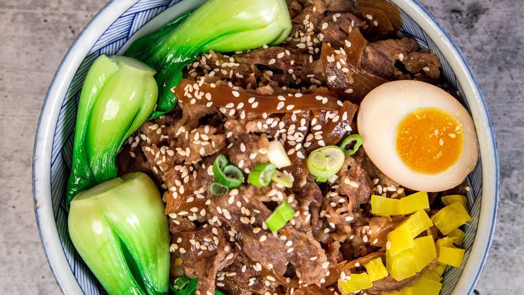 Marinated Sliced Beef Rice Bowl 日式肥牛饭 · Japanese Style Marinated Sliced Beef with Onion, Braised Egg, Vegetables. A little Sweet