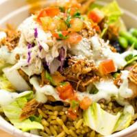 Rice Bowl · Vegetarian. Brown rice, pinto bean, black bean, edamame, lettuce, cheese,
ginger pico, yuzu ...