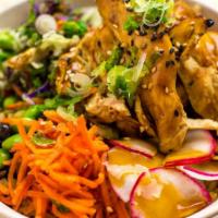 Chicken Teriyaki Bowl · brown rice, pinto & black beans, edamame, Napa
cabbage slaw, radish, scallion, carrots, sesa...
