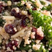 Kale And Quinoa Salad · Choice of Protein, Kale, Quinoa, Craisins, Carrots, Toasted Almonds, Cotija Cheese, Ginger D...